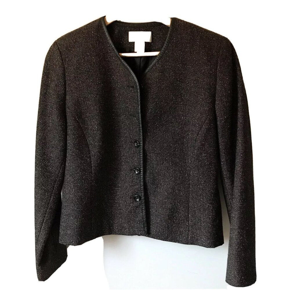 Vtg Pendleton Petite Size 8 Black Wool Blend Tweed Jacket Blazer Leather Trim‎